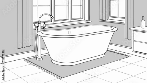 Freestanding bathtub in a modern bathroom with floor tiles and rug illustration home interior design sketch.
