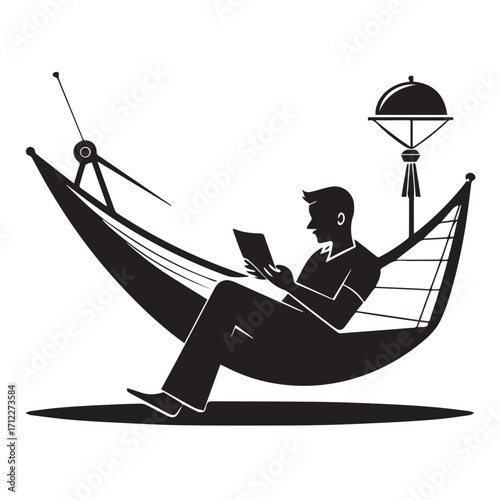 Silhouette of a man relaxing in a hammock while reading a book, isolated on white background