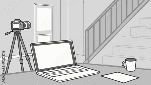 Home office setup with camera laptop and accessories.