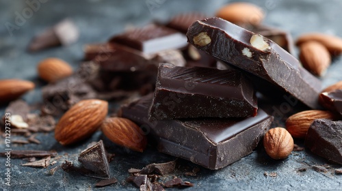 A close-up of broken chocolate bar pieces with almonds, macro shot on slate surface