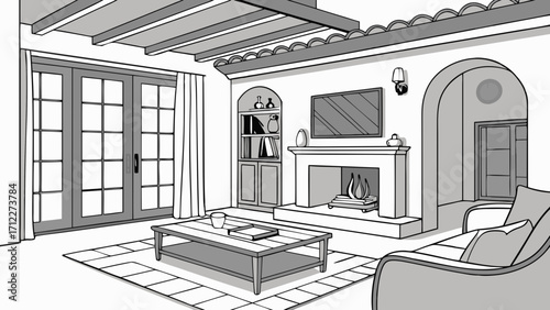 Interior design sketch living room illustration home decor blueprint architectural drawing house plan fireplace furniture layout cozy room modern interior elegant space comfortable seat.