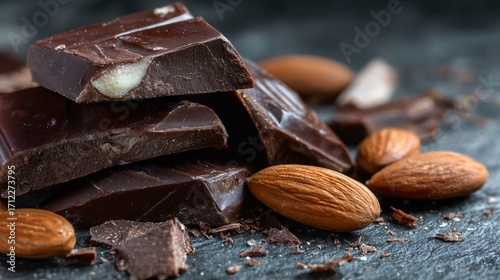 A close-up of broken chocolate bar pieces with almonds, macro shot on slate surface