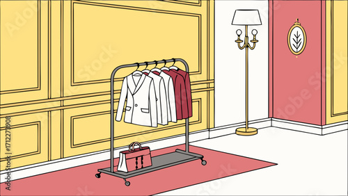 Interior design illustration of clothing rack with jackets and handbag.