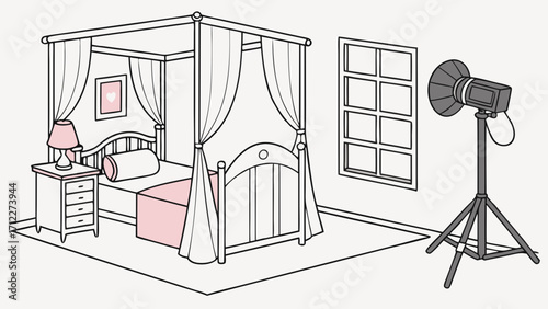 Isometric Illustration of a Bedroom Scene with Canopy Bed and Studio Lighting Setup.