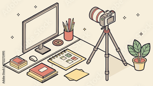 Isometric Illustration of a Creative Workspace with Camera on Tripod and Computer.