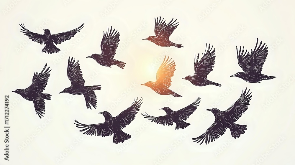 Obraz premium Silhouettes of flying ravens and crows against sunset sky, mystical dark birds in flight with spread wings, dramatic nature scene in warm tones.