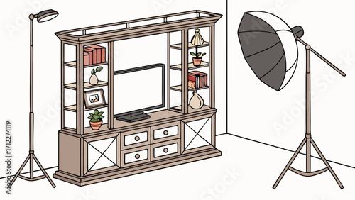 Isometric illustration of a home entertainment center with lighting equipment setup for photography or videography.