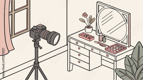 Isometric Illustration of a Camera Setup on a Vanity with Cosmetics and Plants for Blog Vlog or Influencer Marketing.