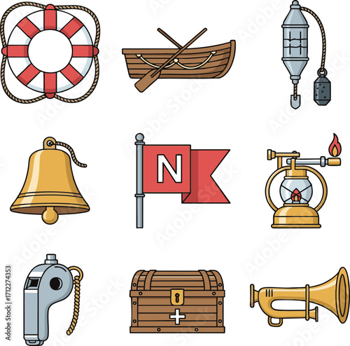 Nautical themed elements arranged on white offering classic maritime symbols like a life preserver, boat, and treasure chest, evoking a sense of adventure.
