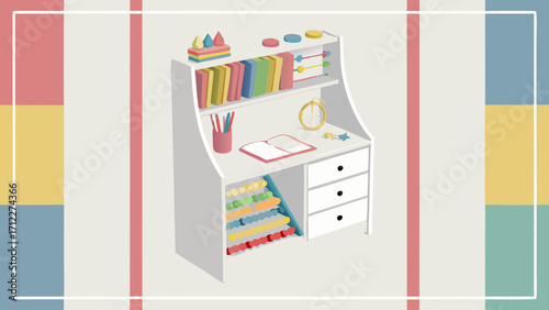 Isometric illustration of a childs study desk with books toys and stationery.