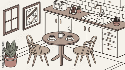 Isometric Illustration of a Cozy Kitchen Nook with Table and Chairs Perfect for Home Decor and Lifestyle Designs.