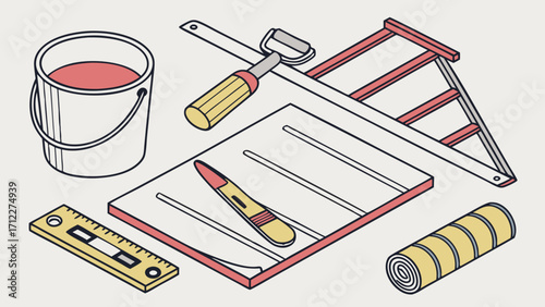 Isometric Illustration of Home Improvement and DIY Tools Paint Ladder Ruler and Cutter.