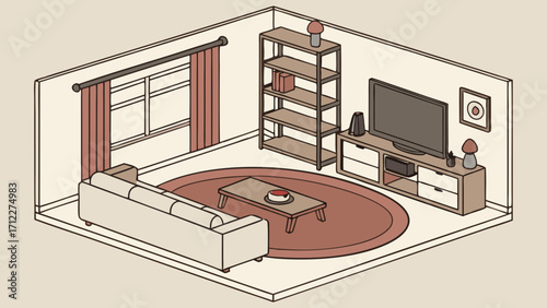 Isometric illustration of a living room interior design with sofa TV and shelves.