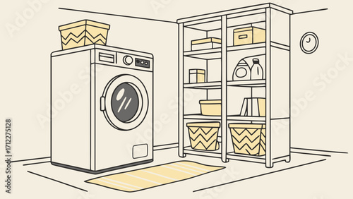 Laundry room interior washing machine storage shelves cleaning supplies baskets home decor utility room illustration.