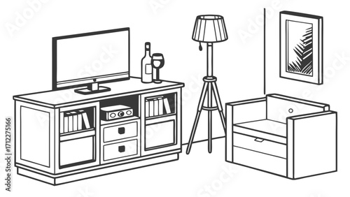 Living Room Interior Design TV Stand Floor Lamp Armchair Books and Decor Illustration.