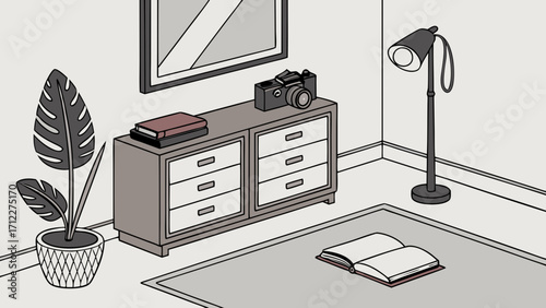 Isometric illustration of a minimalist home interior with chest of drawers plant camera book and lamp.