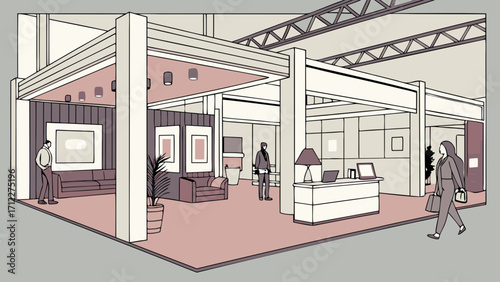 Modern Exhibition Hall Interior Design Stylish Trade Show Booth Illustration Minimalist Business Expo Concept.
