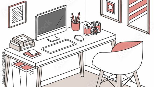 Isometric illustration of a modern workspace with computer camera and chair.