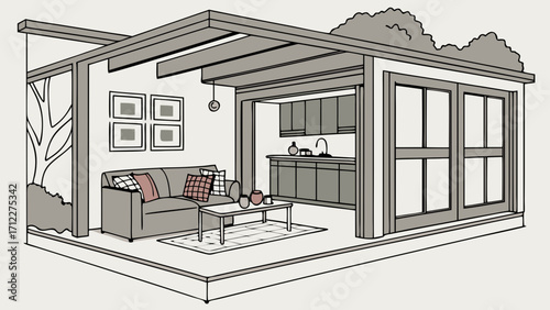 Modern house extension design with kitchen and lounge area illustration.