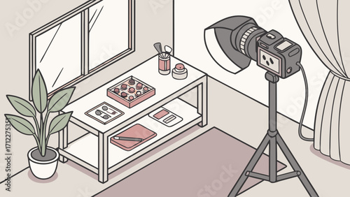 Isometric Illustration of a Product Photography Studio Setup with Camera Lighting and Makeup Products.
