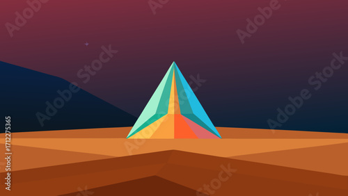 Travel through the Egyptian desert landscape at sunset, where an ancient pyramid rises above the sand dunes and a lone camel passes by