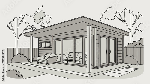 Modern House Exterior Design Architectural Sketch Home Extension Garden Room Patio Landscape Design Illustration.