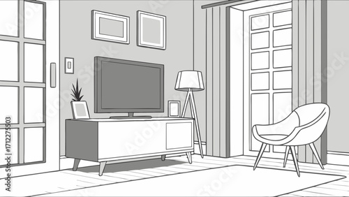 Modern Living Room Interior Design Sketch Home Decor Illustration Flat Design Cozy Apartment TV Stand Armchair Floor Lamp Pictures on Wall Simple Style.