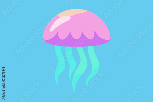 A vibrant jellyfish floats like a parasol in a whimsical illustration of a rainy autumn sky