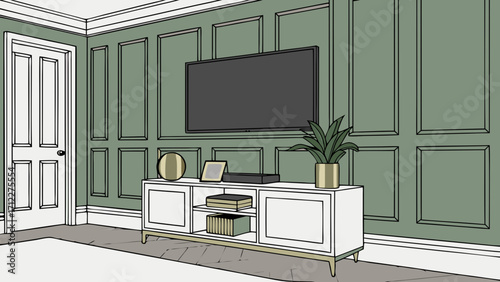 Modern Living Room Interior Design with Flat Screen TV and Green Walls.