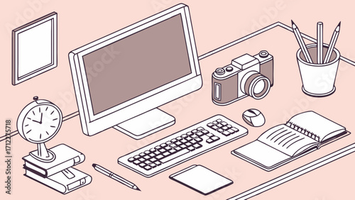 Isometric illustration of a workspace with computer camera and stationery items.