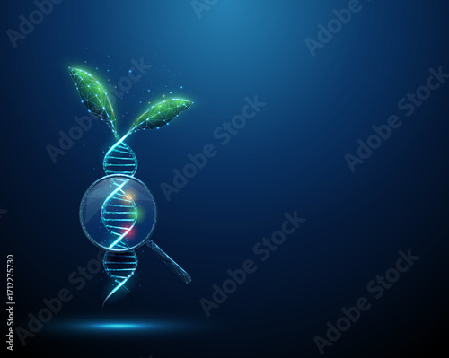 Green plant leaves growing from a blue 3D DNA helix under a magnifying glass with three colored spots. Molecular biology, sustainable agriculture concept.