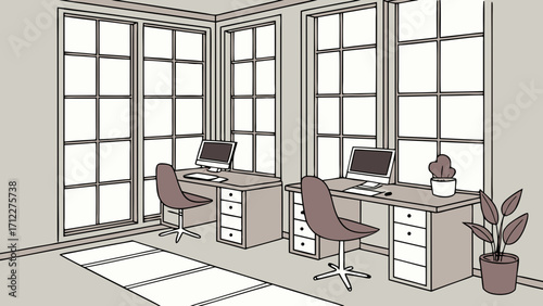 Modern Office Workspace with Two Desks and Large Windows.