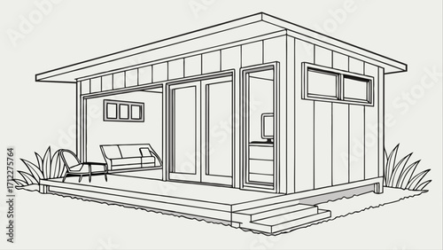 Modern Shed Design Backyard Studio Small House Plan Cabin Illustration Architectural Drawing Home Office Space Outdoor Living Area Deck Design Cottage Style Garden Shed Blueprint.