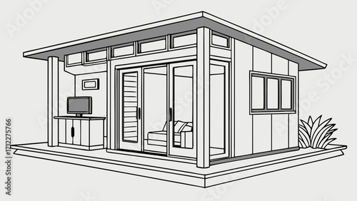 Modern Studio Shed Architectural Design Contemporary Small House Plan Tiny Home Illustration Black and White Line Drawing.