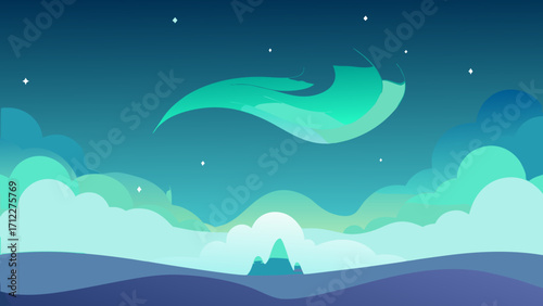 A stunning illustration of a winter mountain landscape with snow, clouds, and a sky