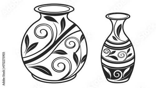 Ornamental Vases Floral Design Black and White Decorative Pottery Vintage Style Illustration Clip Art Home Decor Graphic Design Element Pattern Swirl Leaves Elegant Two Vases Vessel.