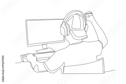Man playing competitive PC games. Co‑op game concept one-line drawing