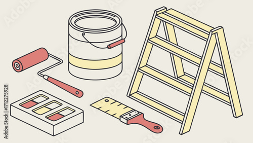 Isometric illustration of painting tools paint can roller paint tray brush and stepladder.