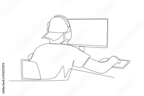 Man playing competitive PC games. Co‑op game concept one-line drawing