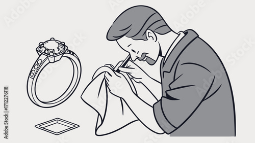 Jeweler cleaning a diamond ring jewelry repair gemstone inspection artisan at work line art illustration.
