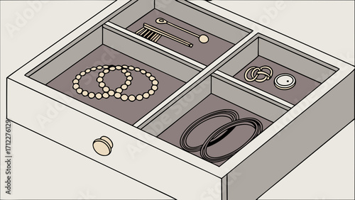 Jewelry Storage Organized Drawer Necklace Bracelet Rings Accessories Flatlay Top View Minimalist Design Home Organization Neat Tidy Orderly Compartments Storage Solution Jewelry Bo.
