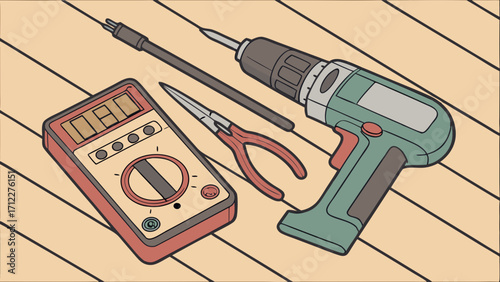 Repair tools electrical tester cordless drill pliers equipment instruments maintenance DIY home improvement flat lay workshop construction handyman tools on wooden surface top view.