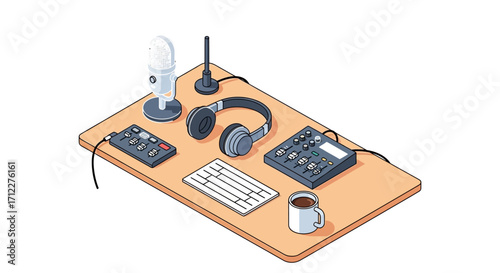 Isometric Illustration of Podcasting Desk with Microphone Headphones Audio Mixer and Coffee Mug