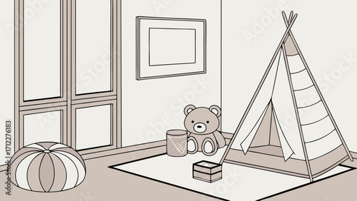 Kids Room Interior Design Play Tent Teddy Bear Childs Room Decor Play Area Illustration Nursery Decor Playtime Scene Childrens Playroom Simple Illustration Kids Bedroom Design Play Spac.