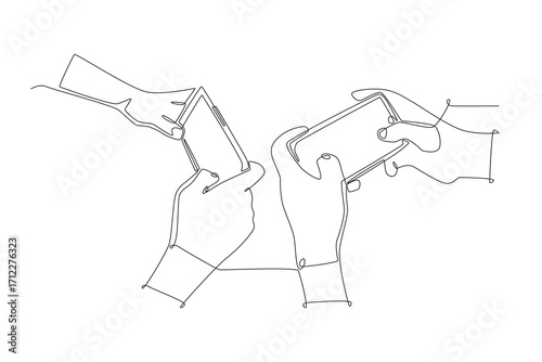Hands playing competitive mobile games. Co‑op game concept one-line drawing