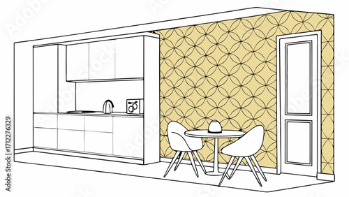 Kitchen interior design small dining area modern apartment minimalist style geometric wallpaper illustration vector graphics home decor kitchen appliances furniture chairs table yello.