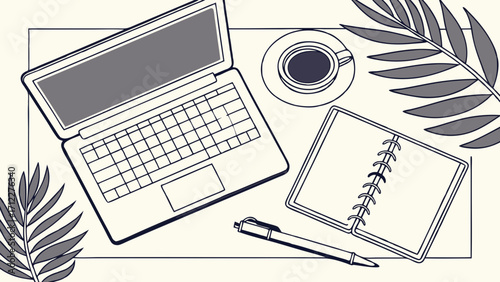 Laptop Notebook Coffee Pen Flatlay Minimalist Workspace Office Supplies Desk Organization Top View Overhead Shot Clean Design Simple Illustration Vector Graphic Business Concept Wor.