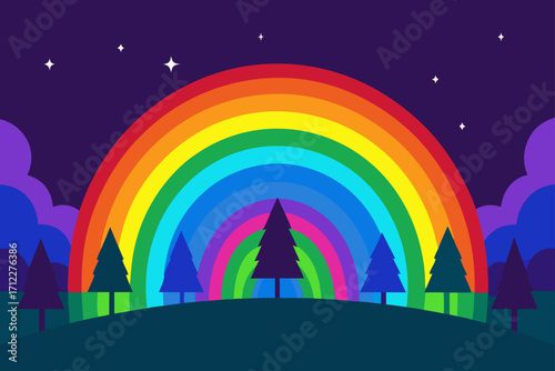 A vivid rainbow of colors arcs over a city skyline silhouette at night, casting a magical light on the urban landscape with stars and a crescent moon
