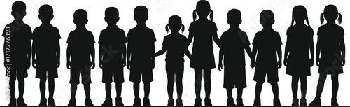 Children holding hands silhouette, unity and diversity concept, black vector kids group, childhood friendship, community bond, inclusive design for stock content