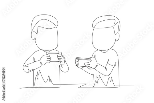 Two friends playing a competitive mobile game. Co‑op game concept one-line drawing